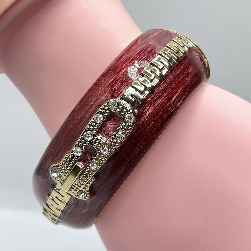 Stunning Gold Tone Red Enamel White Rhinestone Hinged Clamper Bangle Bracelet